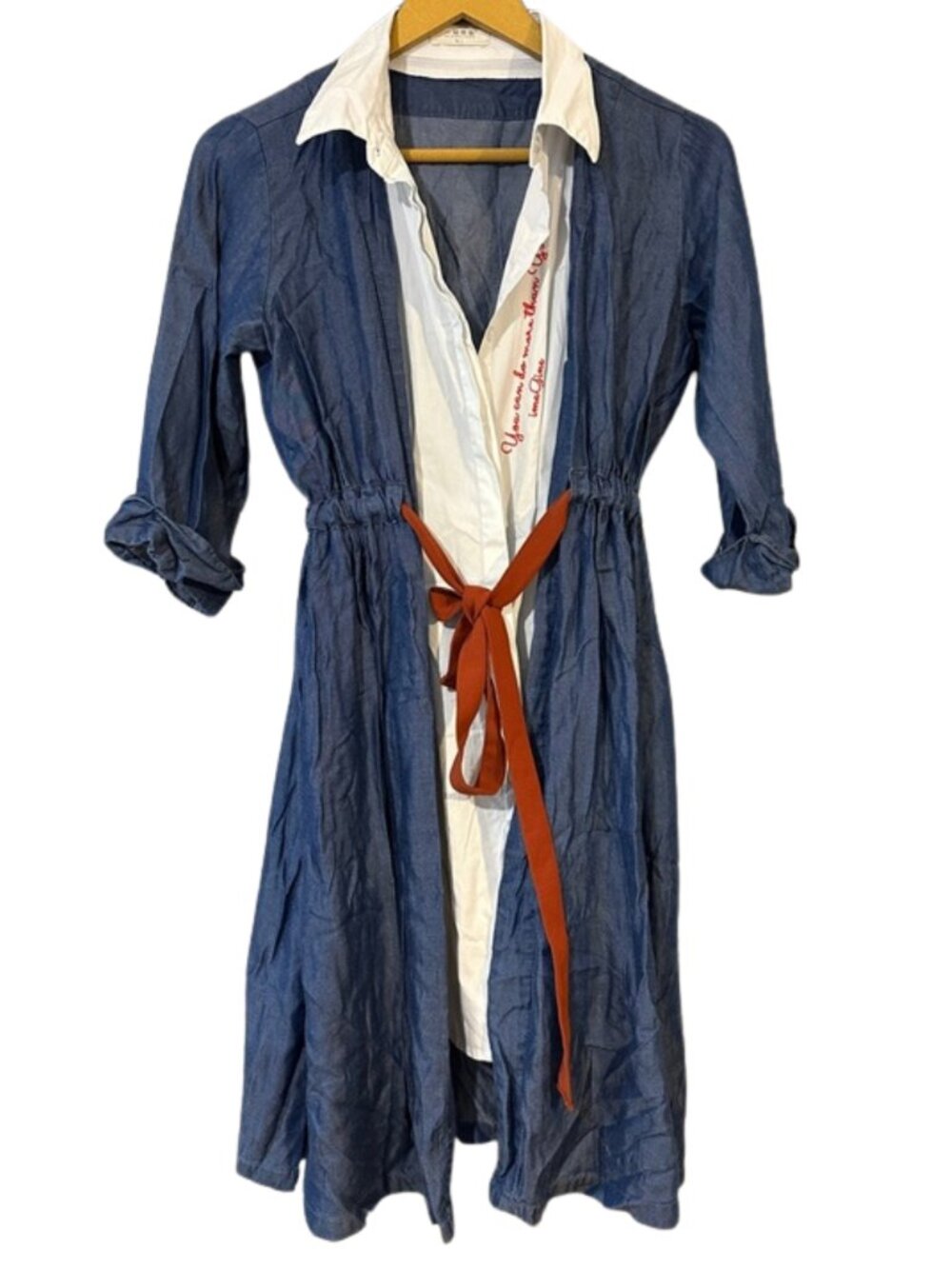 Bearsland Maternity Shirt Dress Blue White Tie Waist Long Sleeve